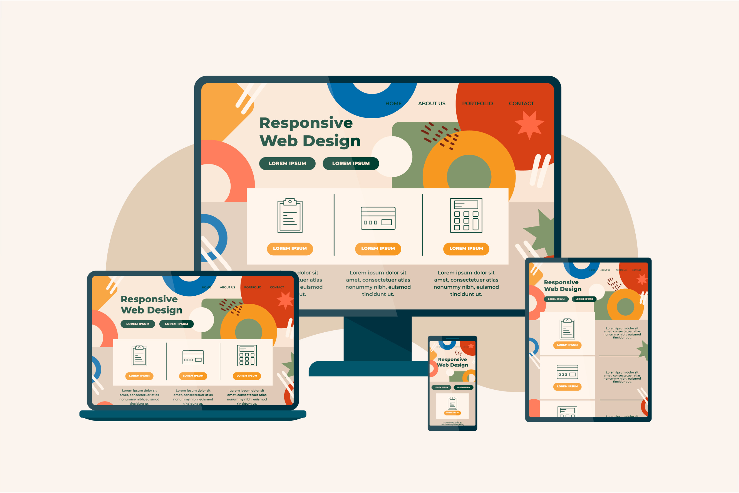 Responsive website design displayed on desktop, tablet, and mobile devices with modern user-friendly interface.